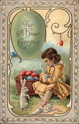 A Little Girl, Two Bunnies and a Basket of Eggs Postcard