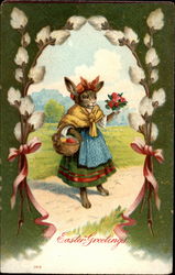 Bunny Rabbit With Bouquet and Basket Postcard