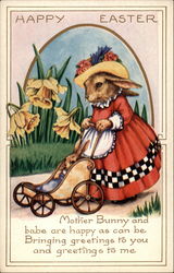 An Elegant Mother Bunny Pushing Offspring In Stroller Postcard