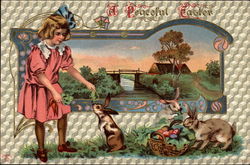 Girl Feeding Rabbits With Bridge Scene Postcard