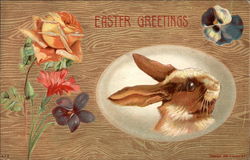 Egg With Bunny Portrait and Some Flowers Postcard
