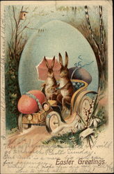Rabbits Riding In A Jalopy With Eggs Postcard