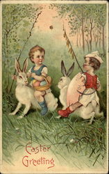 Two Little Boys Each Riding a White Rabbit Postcard