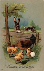 Rabbits and Chickens on a Field Postcard