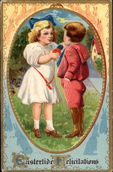 Girl and Boy Share Easter Eggs Postcard