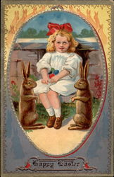 Little Girl With Two Rabbits Postcard