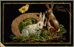 Bunnies Munch Vegetables Spilling From Basket Postcard