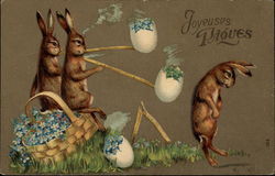 Rabbits smoking pipes made from Easter eggs Postcard