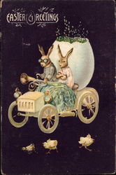 Two rabbits riding car, carrying large Easter egg in backseat Postcard