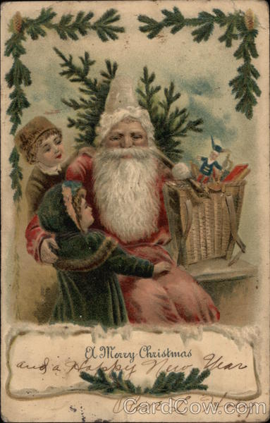 Embossed Santa With Two Children Santa Claus
