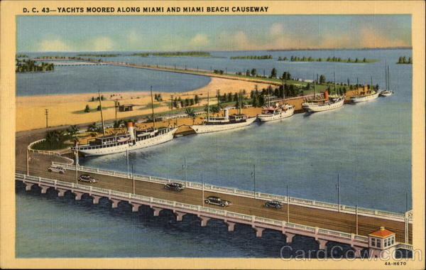 Yachts Moored Along Miami and Miami Beach Causeway Florida