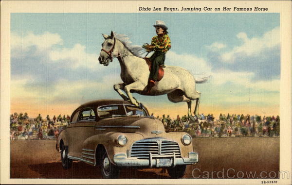 Dixie Lee Reger, Jumping Car on Her Famous Horse Rodeos