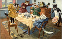 Mainzer Cats Eating Dinner Scared of Four Mice Running Under Table Postcard