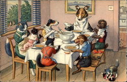 Dogs & Cats at Dinner Table Postcard Postcard