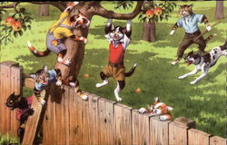 Mainzer Cats Climbling a Fence, Hanging From an Apple Tree Postcard