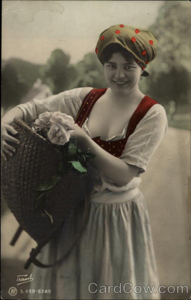 Peasant Girl with Flower Basket on Hip Women