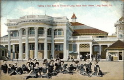 Taking a Sun Bath in Front of Long Beach Bath House Postcard