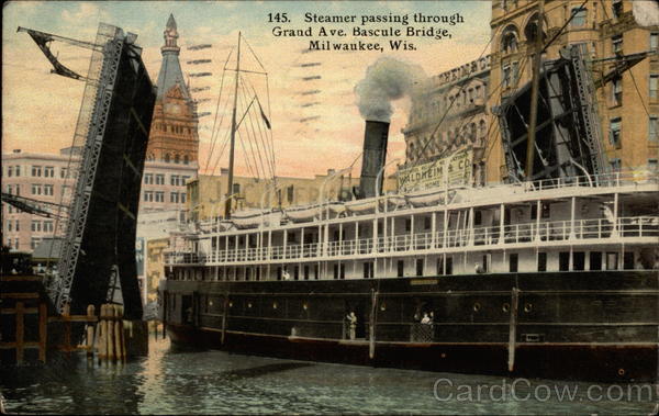 Steamer passing through Grand Ave. Bascule Bridge Milwaukee Wisconsin