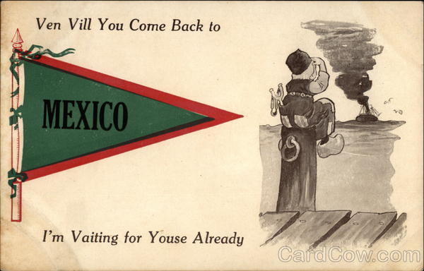 Cartoon of Dutch Boy watching ship leave, pennant for imprint Mexico Missouri