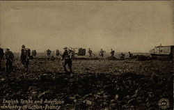 English Tanks and American Infantry in Action France World War I Postcard Postcard