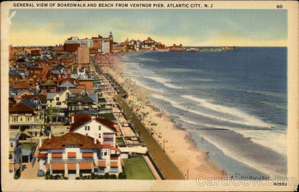 General View of Boardwalk and Beach fron Ventnor Pier Atlantic City New Jersey