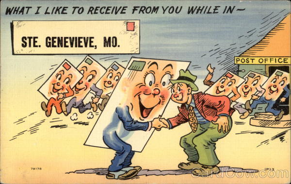 Cartoon of postcards with legs coming out of Post Office Ste. Genevieve Missouri