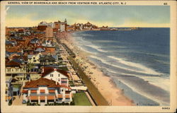General View of Boardwalk and Beach fron Ventnor Pier Atlantic City, NJ Postcard Postcard