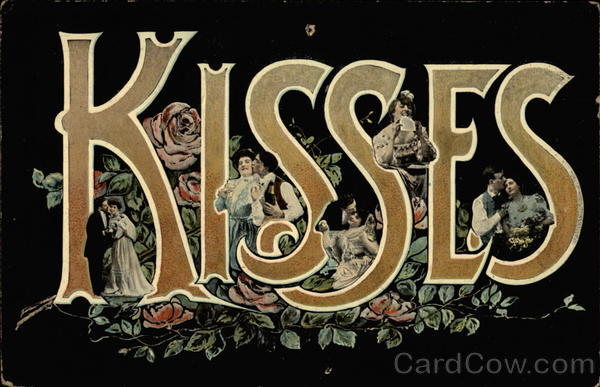 Kisses (several couples kissing on black/floral background)