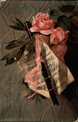 Pink Roses and Musical Score Postcard