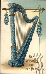 Best Wishes for a Happy New Year (blue floral harp) Figures Made of Flowers Postcard Postcard