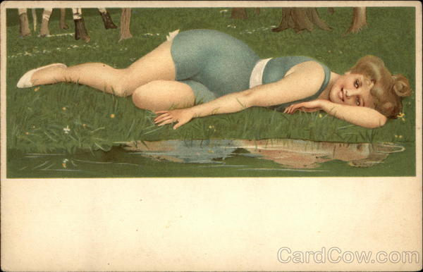 Woman Lounging Beside Pond Swimsuits & Pinup