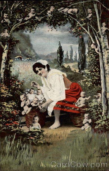 Woman with Baskets of Babies Multiple Babies