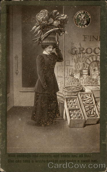 Woman with giant hat shopping Comic, Funny