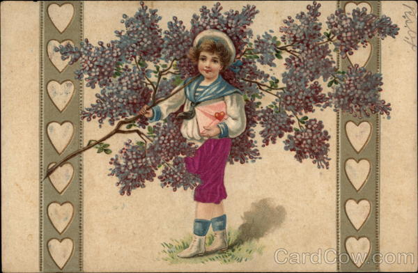 Little Girl with Branch and Flowers surrounded by Hearts