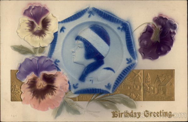 Birthday Greeting with girl in blue dish Airbrushed