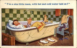 Dressed Man Smoking in Bathtub Postcard