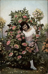 Girl in Pink Dress With Rose Bush Postcard