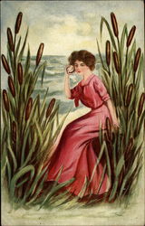 Woman Listening to a Seashell Women Postcard Postcard