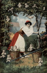 Lady with Babies all Over Postcard
