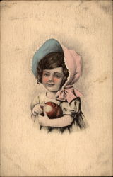 Young Girl Wearing a Pink Bonnet and Holding an Apple Children Postcard Postcard