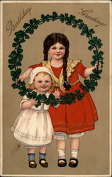 Birthday Greetings (Two Girls with a Clover Wreath) Postcard
