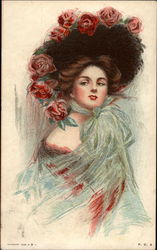 Woman Wearing a Bonnet Adorned with Roses Postcard