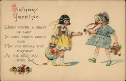Birthday Greeting - Two Little Girls with Flowers Postcard