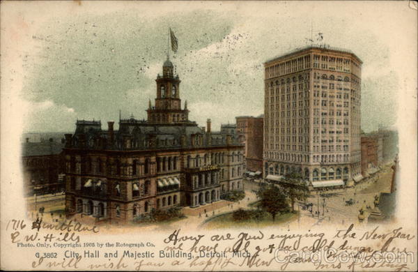 City Hall and Majectic Building, Detroit, Mich Michigan