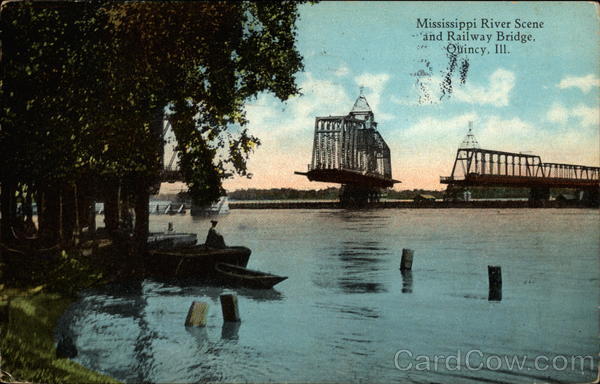 Mississippi River Scene and Railway Bridge Quincy Illinois