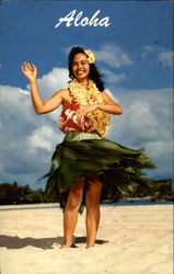 Aloha, waving hula dancer on beach Postcard