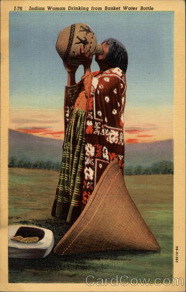 Indian Woman Drinking From Basket Water Bottle Native Americana