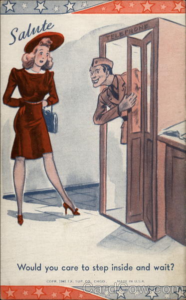 Wartime cartoon: Soldier in phone booth talking to woman