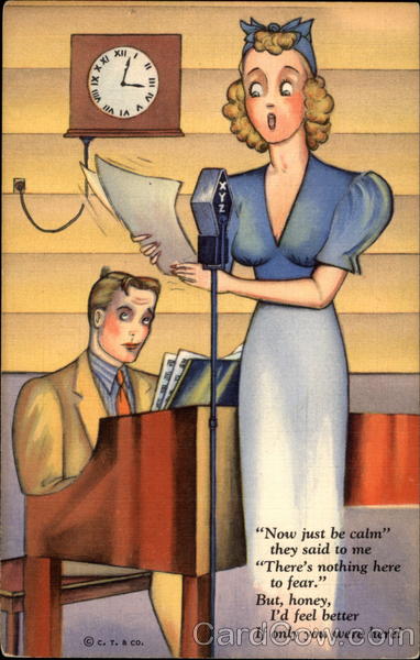 Cartoon drawing: Woman at microphone, man at piano