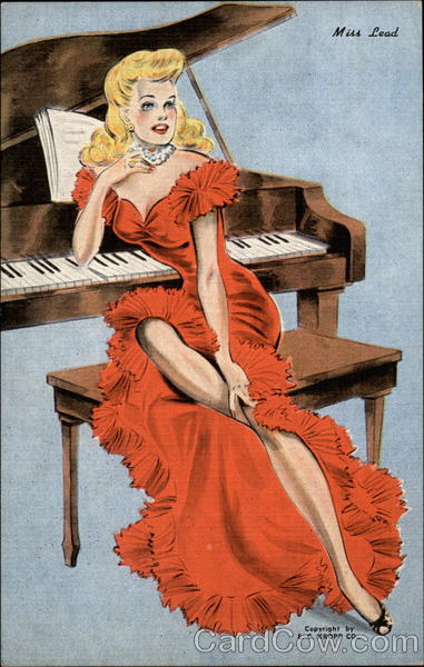 Miss Lead, Glamor girl drawing of blondein red dress at piano